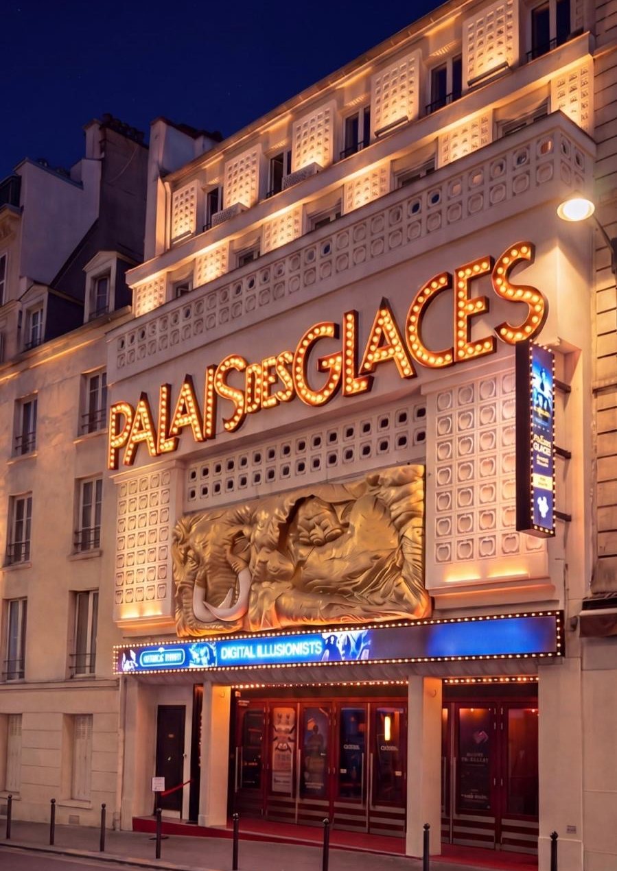 La façade illuminée du Palais des Glaces